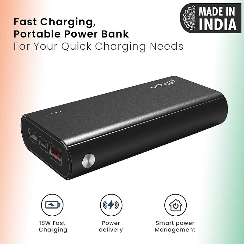 PTron 20000 mAh Lithium_Polymer Dynamo Zip Power Bank with 18 Watt Fast Charging (Black)