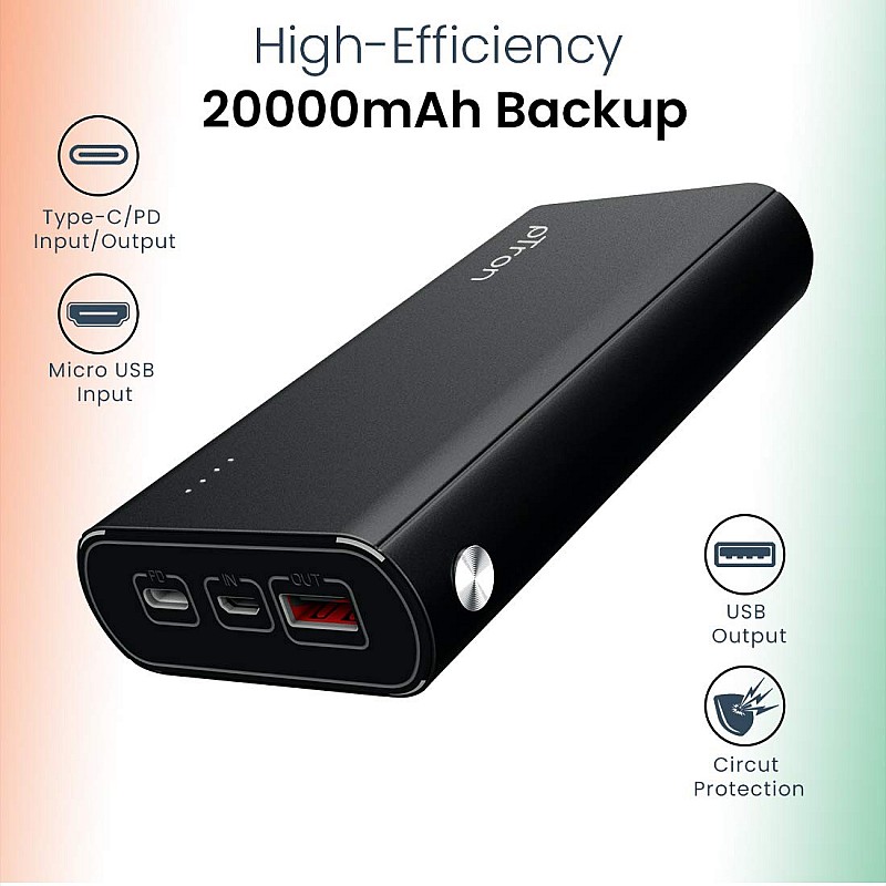 PTron 20000 mAh Lithium_Polymer Dynamo Zip Power Bank with 18 Watt Fast Charging (Black)