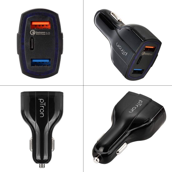 PTron Bullet 3.1A Fast Charging Car Charger 3 USB Port Fire Resistant Lightweight for All Mobiles with Micro USB Cable (Black)