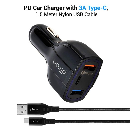 PTron Bullet 3.1A Fast Charging Car Charger 3 USB Port Fire Resistant Lightweight for All Mobiles with Micro USB Cable (Black)