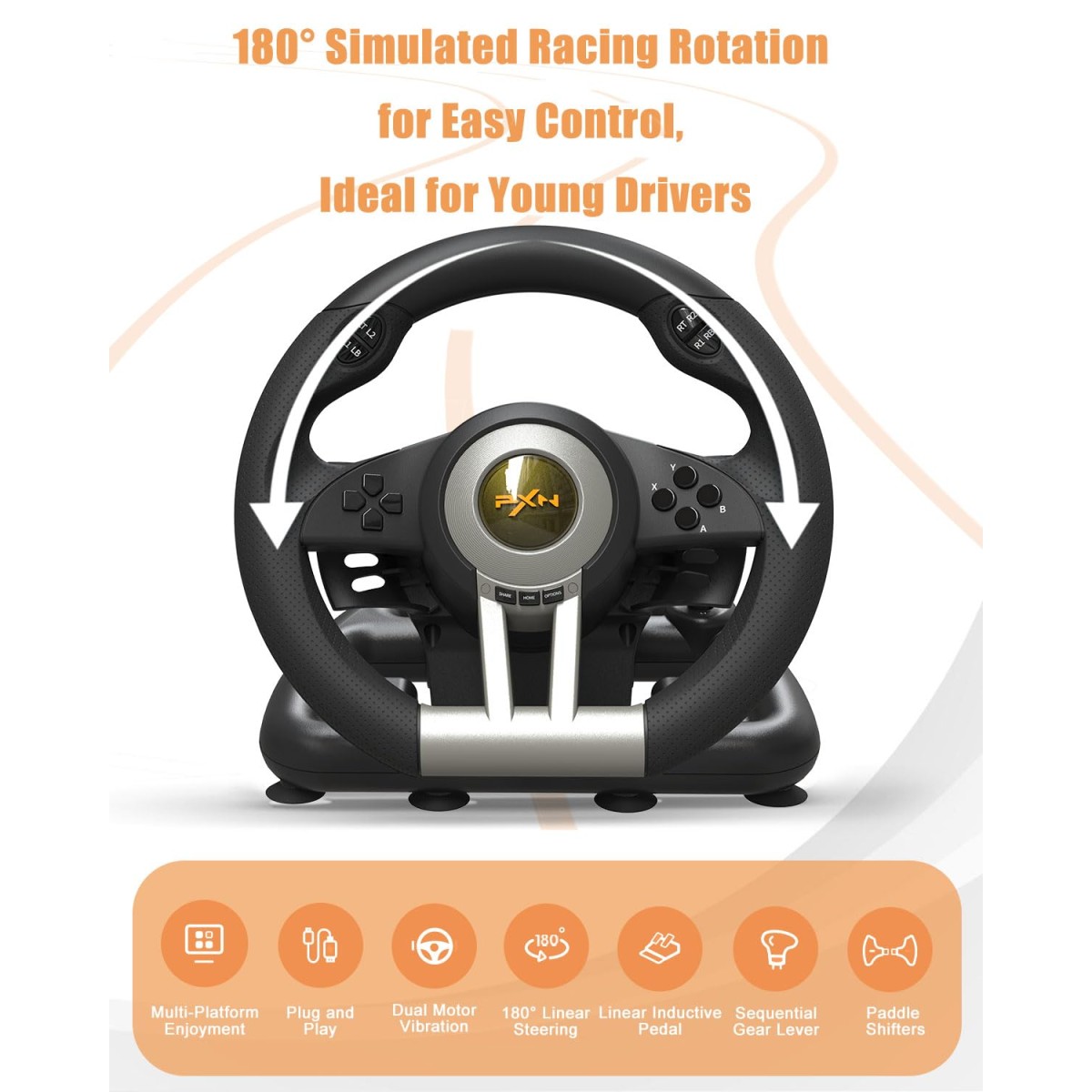 PXN V3 Pro Racing Steering Wheel and Pedals, 180° Steering Wheel with Pedal Board, Paddle Shifters and Vibration Feedback, Game Steering Wheel for PS4, Xbox One, PC, Xbox Series X|S, PS3, Switch -