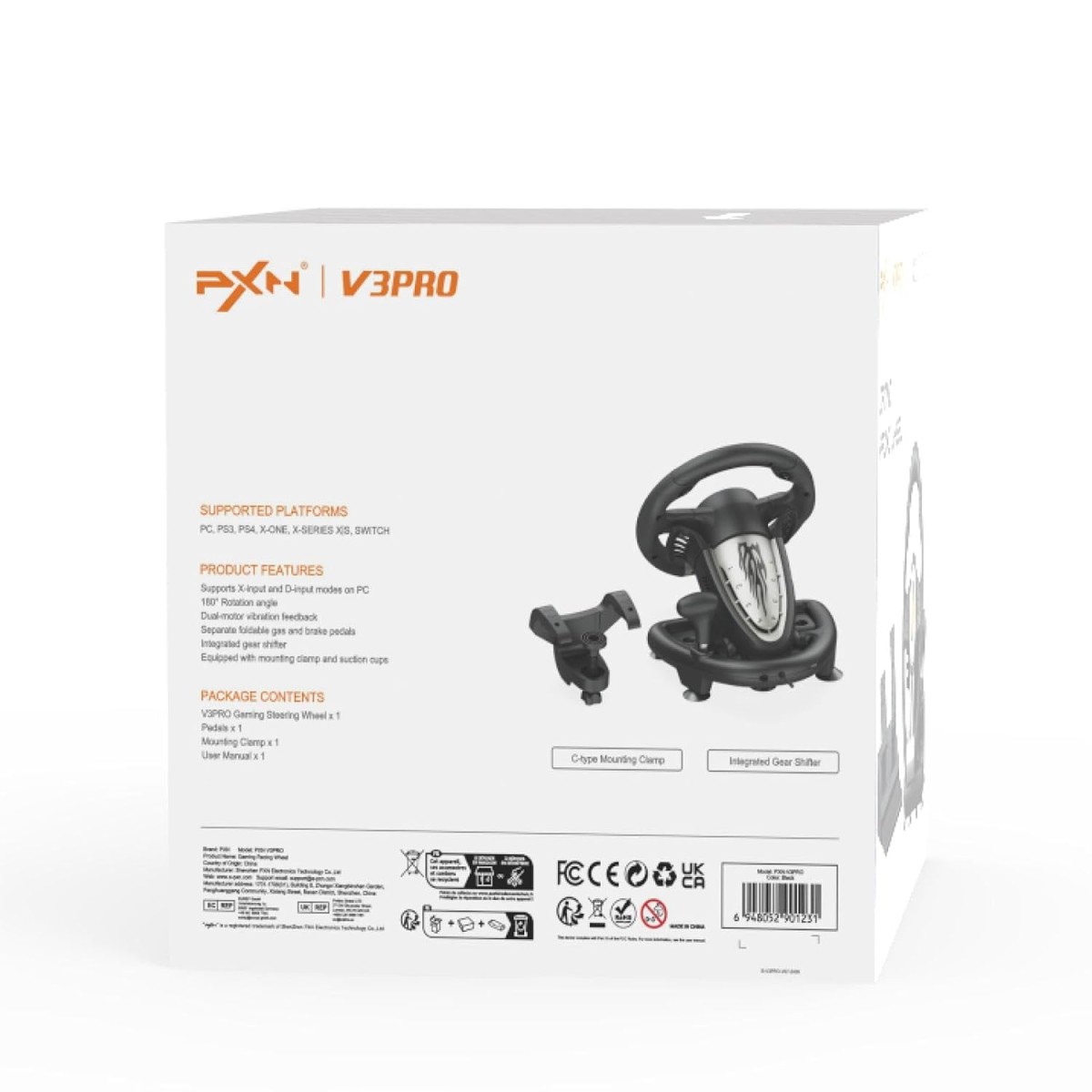 PXN V3 Pro Racing Steering Wheel and Pedals, 180° Steering Wheel with Pedal Board, Paddle Shifters and Vibration Feedback, Game Steering Wheel for PS4, Xbox One, PC, Xbox Series X|S, PS3, Switch -