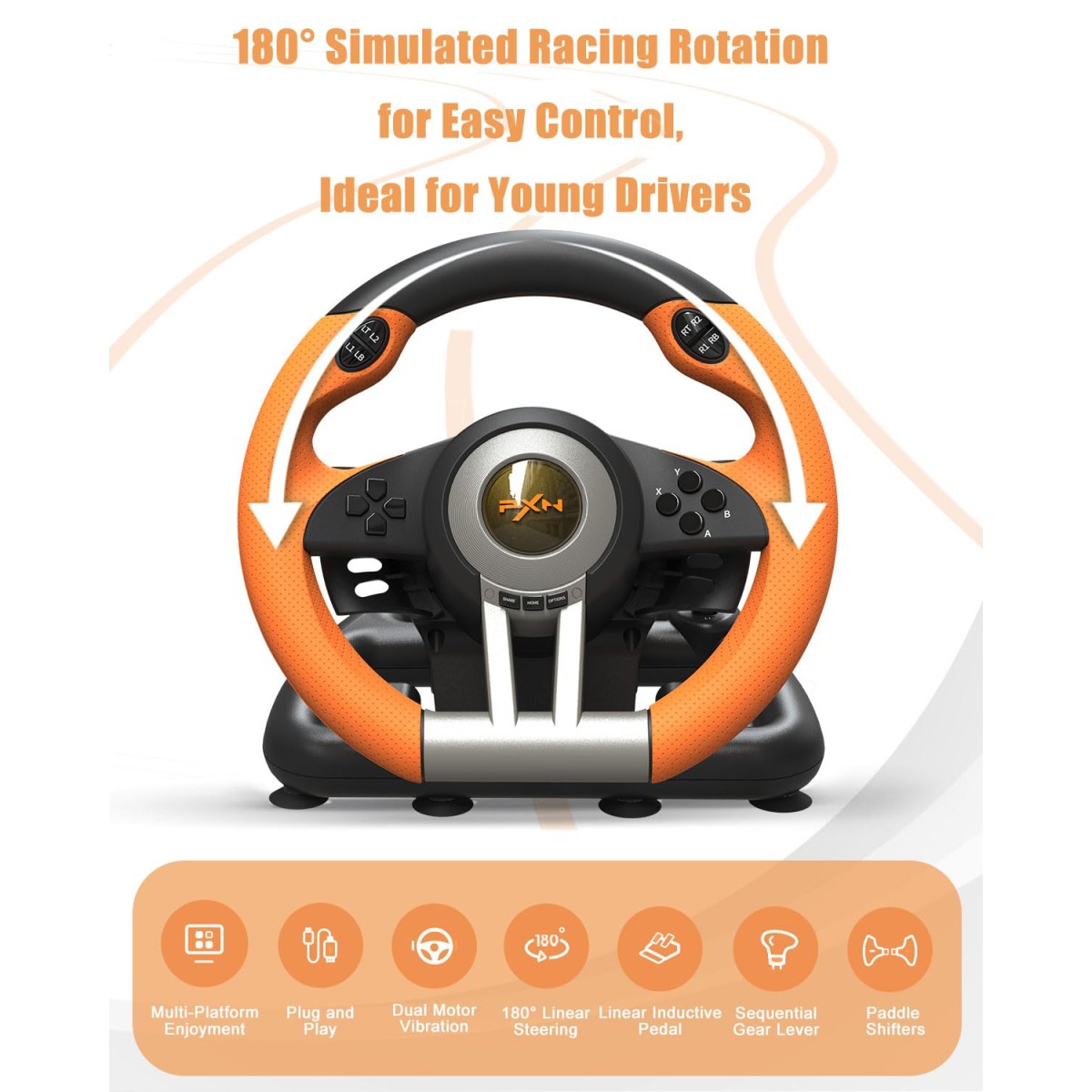 PXN V3 Pro Racing Steering Wheel and Pedals, 180° Steering Wheel with Pedal Board, Paddle Shifters and Vibration Feedback, Game Steering Wheel for PS4, Xbox One, PC, Xbox Series X|S, PS3, Switch -