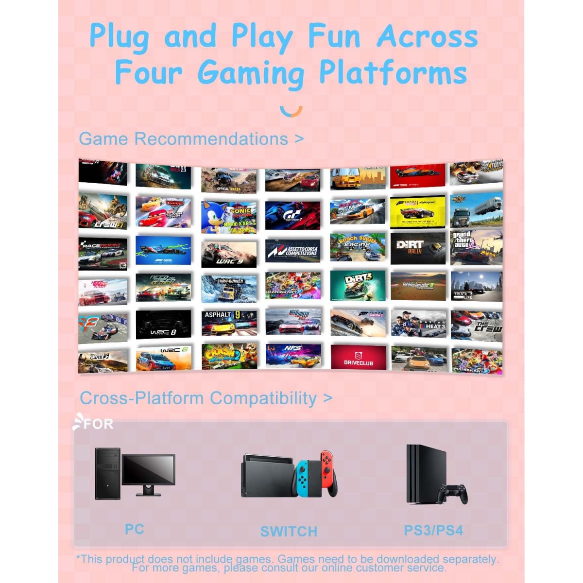 PXN V3 Pro Racing Steering Wheel and Pedals, 180° Steering Wheel with Pedal Board, Paddle Shifters and Vibration Feedback, Game Steering Wheel for PS4, Xbox One, PC, Xbox Series X|S, PS3, Switch -