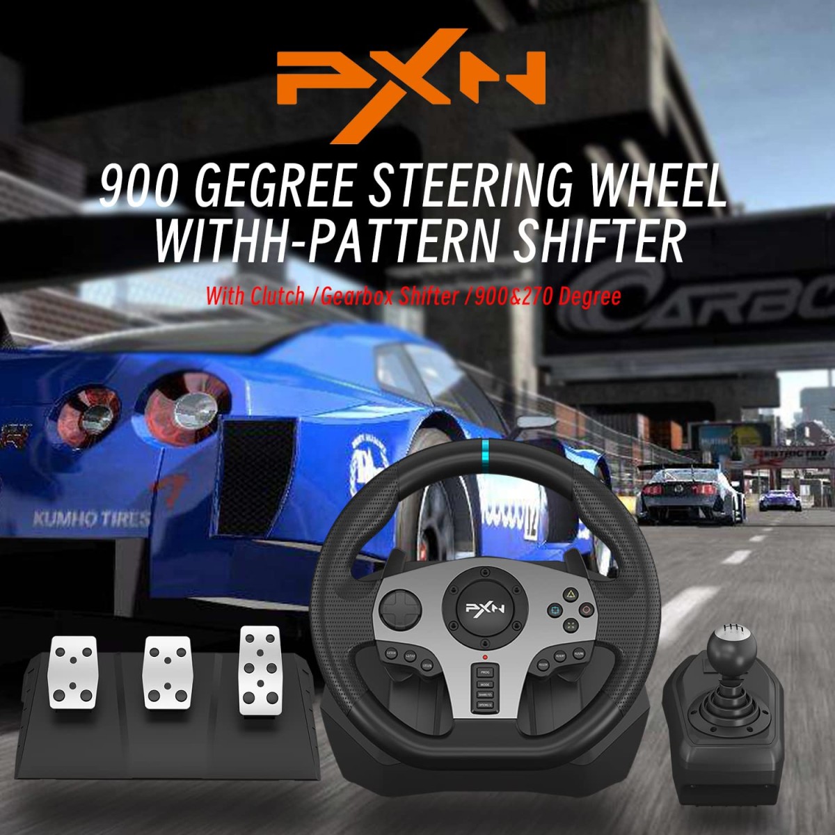 PXN V9 Driving Racing Steering Wheel with Pedals, Gear Shifter, 270/900° Racing Simulator, Compatible with PC, PS3, PS4, Xbox Series S|X, Xbox One S|X, for Nintendo Switch