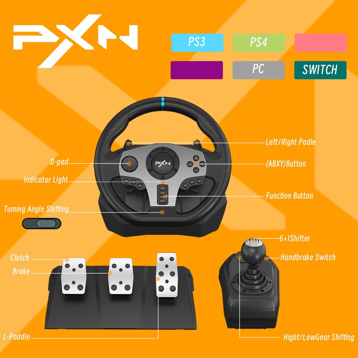 PXN V9 Driving Racing Steering Wheel with Pedals, Gear Shifter, 270/900° Racing Simulator, Compatible with PC, PS3, PS4, Xbox Series S|X, Xbox One S|X, for Nintendo Switch