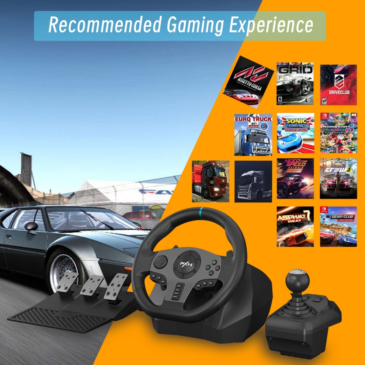 PXN V9 Driving Racing Steering Wheel with Pedals, Gear Shifter, 270/900° Racing Simulator, Compatible with PC, PS3, PS4, Xbox Series S|X, Xbox One S|X, for Nintendo Switch