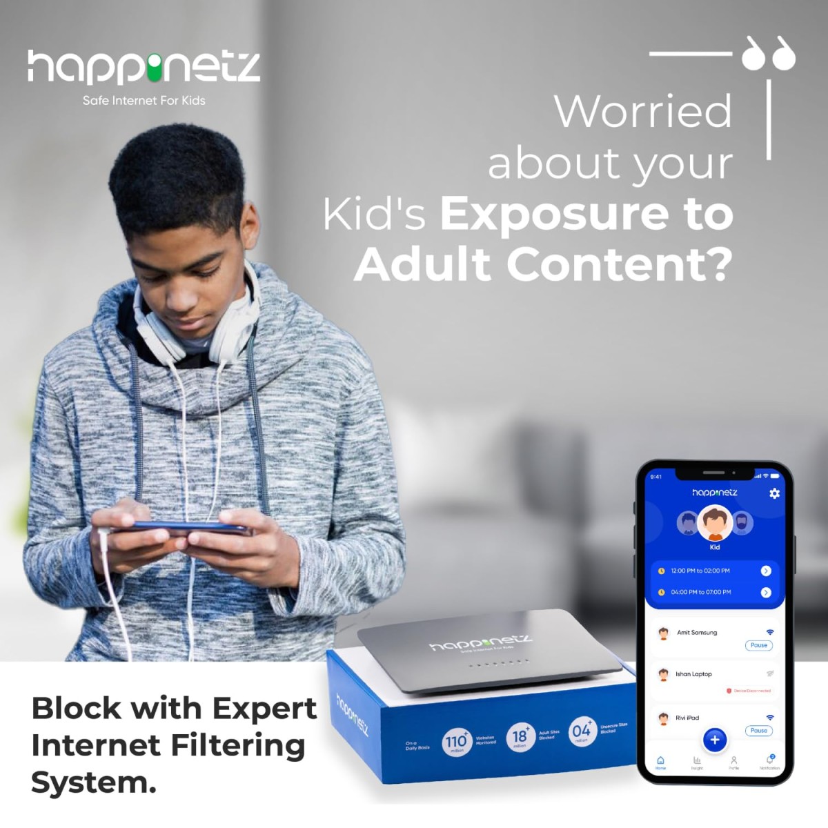Parental Control Internet Filter: Secure The Internet for Kids on WiFi, Android, iOS, TVs, laptops. App Control, Screen time, Content Filtering, Insights.