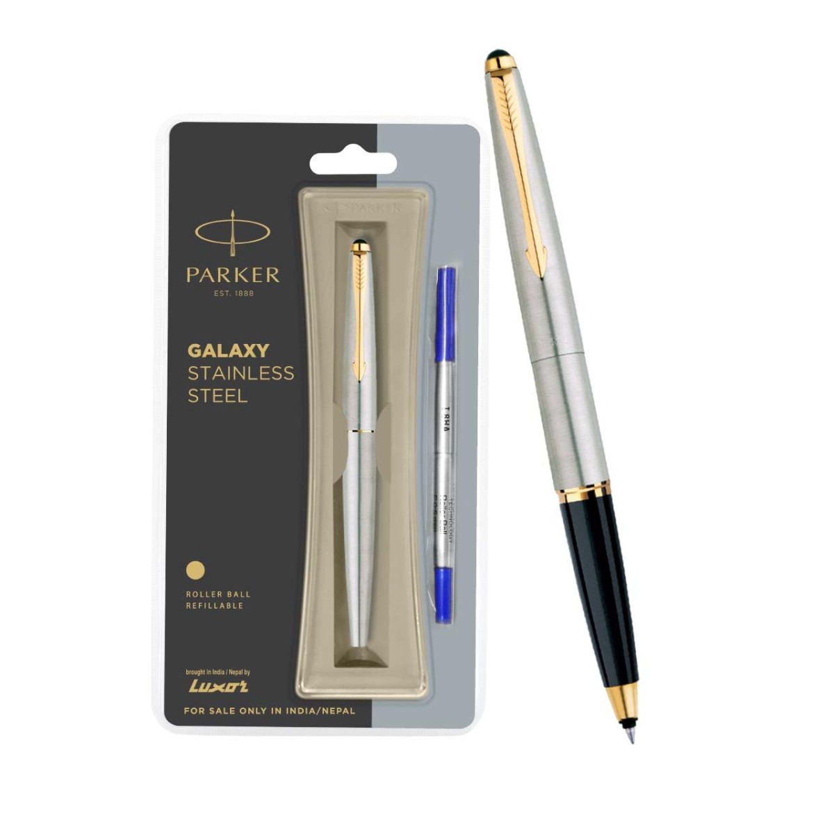 Parker Galaxy Stainless Steel Gold Trim Roller Ball Pen| Ink Color - Blue | Leading Pen For Corporate