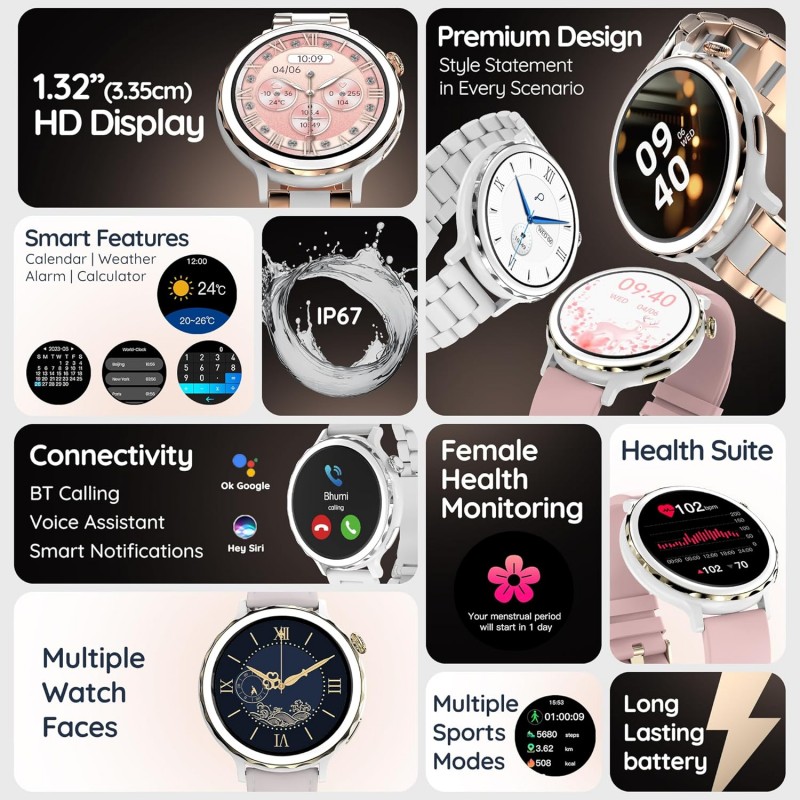 Pebble Diva 1.32" BT Calling, Female Health, Health Suite, Alarm and Notification (Snow Leather)