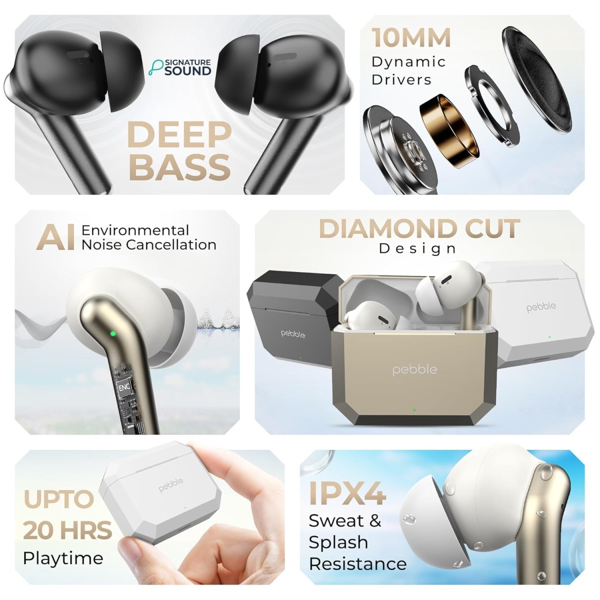 Pebble Glory Buds AI Environmental Noice Cancellation, Premium Design, Fast Paring, 10mm Dynamic Driver, Splash Proof, Type C Charging (White)