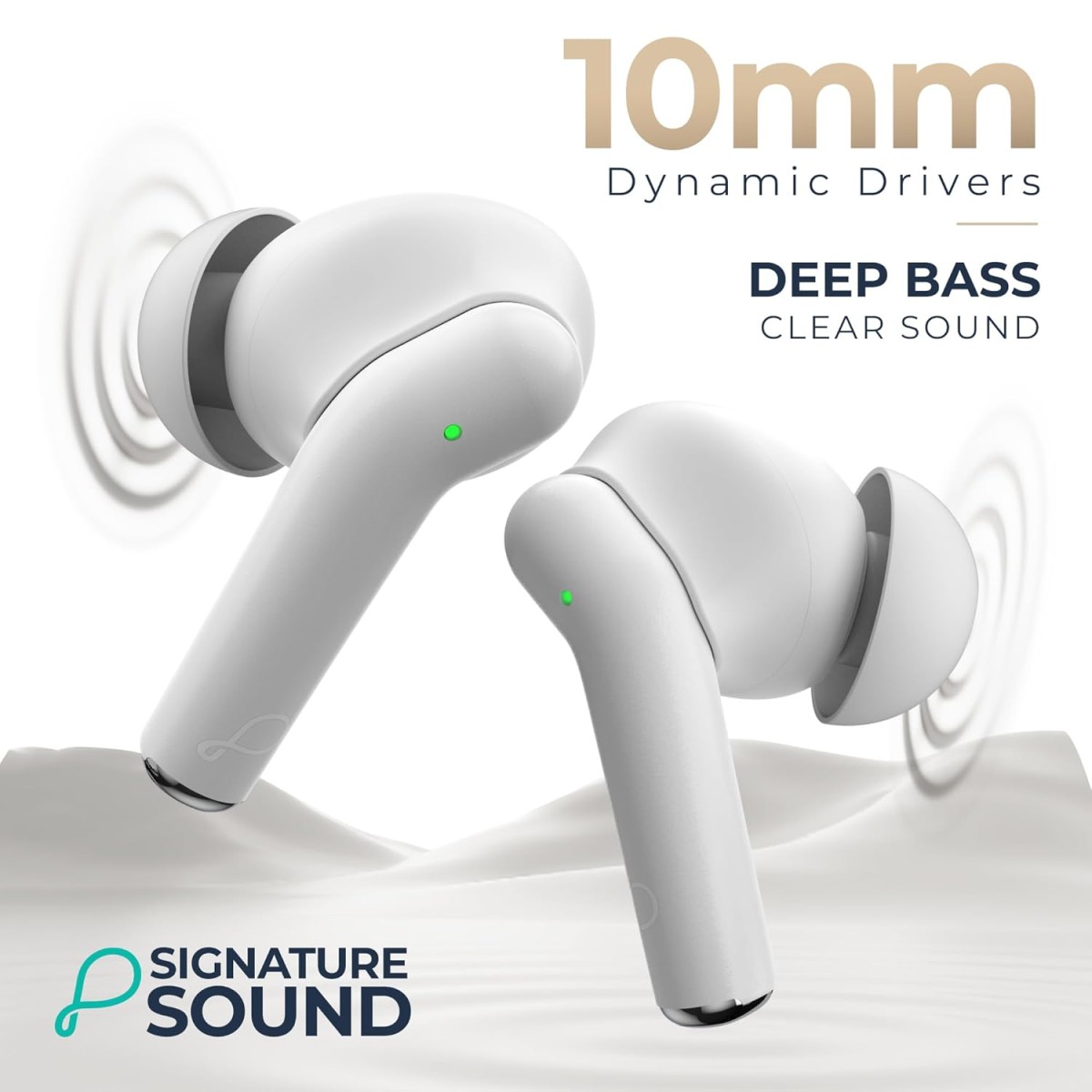 Pebble Glory Buds AI Environmental Noice Cancellation, Premium Design, Fast Paring, 10mm Dynamic Driver, Splash Proof, Type C Charging (White)