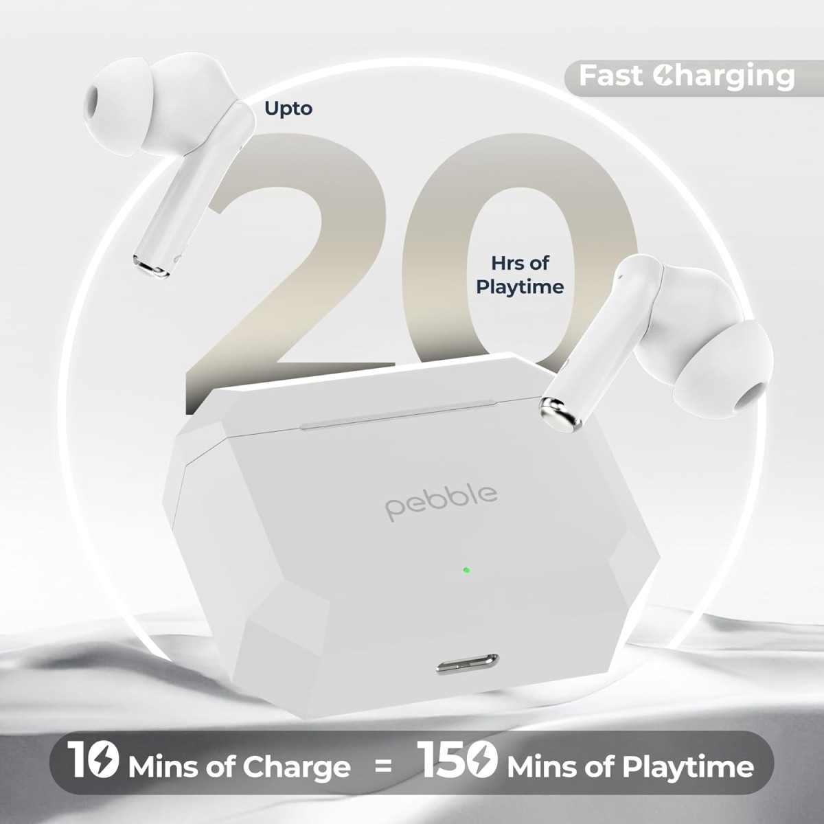 Pebble Glory Buds AI Environmental Noice Cancellation, Premium Design, Fast Paring, 10mm Dynamic Driver, Splash Proof, Type C Charging (White)
