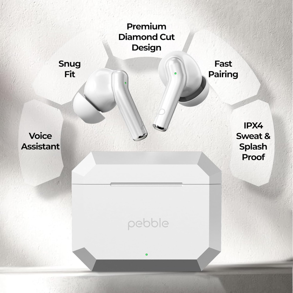 Pebble Glory Buds AI Environmental Noice Cancellation, Premium Design, Fast Paring, 10mm Dynamic Driver, Splash Proof, Type C Charging (White)