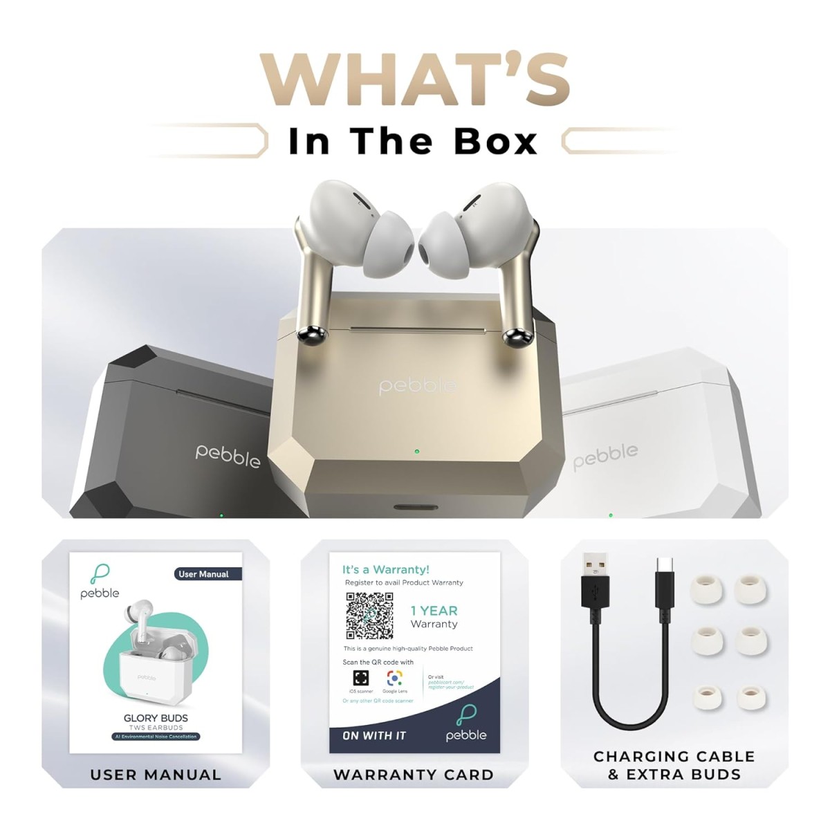 Pebble Glory Buds AI Environmental Noice Cancellation, Premium Design, Fast Paring, 10mm Dynamic Driver, Splash Proof, Type C Charging (White)