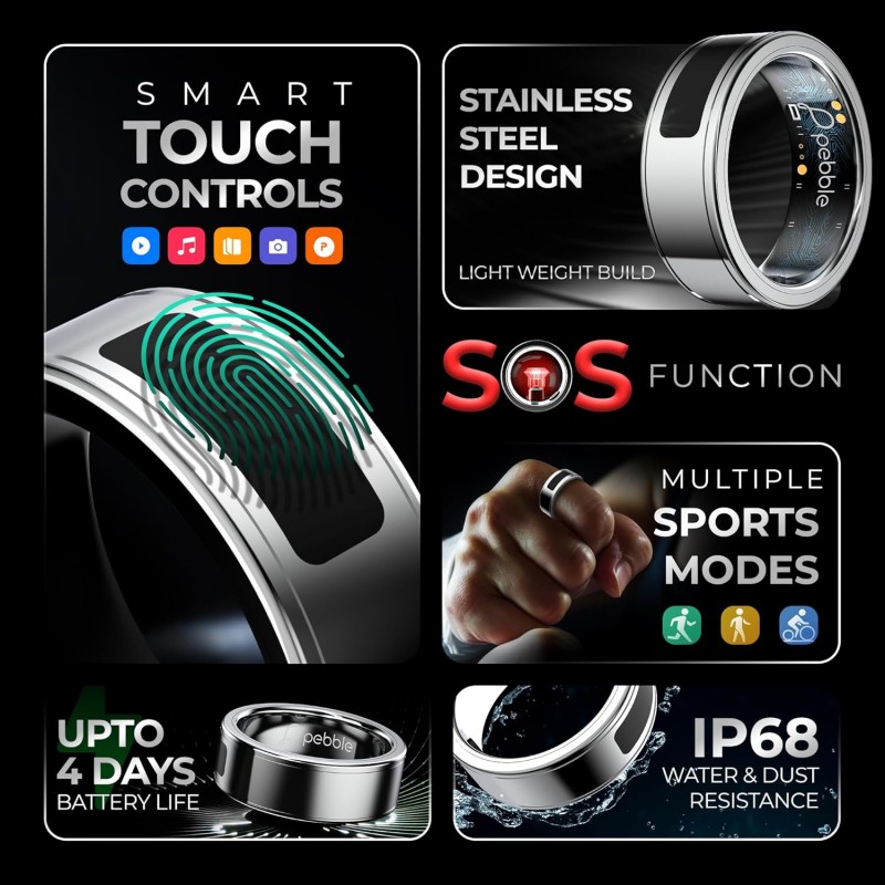 Pebble Iris Smart Ring | Smart Touch Controls | Recovery Score, Sleep Monitoring, Body Temperature, Heart Rate, SpO2 & Calories Tracking | Anti-Bacterial Stainless Steel Build