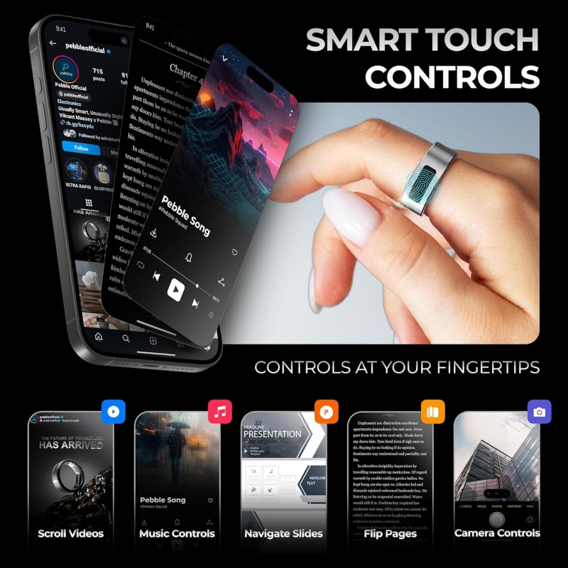 Pebble Iris Smart Ring | Smart Touch Controls | Recovery Score, Sleep Monitoring, Body Temperature, Heart Rate, SpO2 & Calories Tracking | Anti-Bacterial Stainless Steel Build