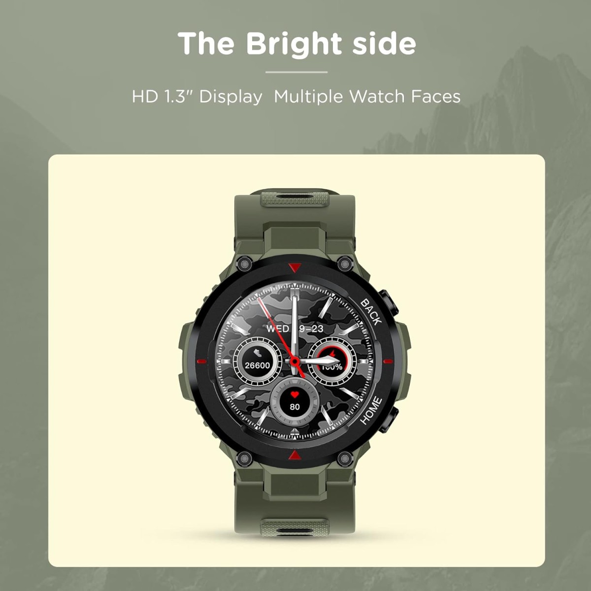 Pebble Leap Rugged Fitness Smartwatch with Bluetooth Calling, 1.3 inches HD Display, Inbuilt Oximeter, Heart Rate, Multiple Sports Modes IP68 Waterproof, 10 Days Battery Life (PFB16 Military Green)