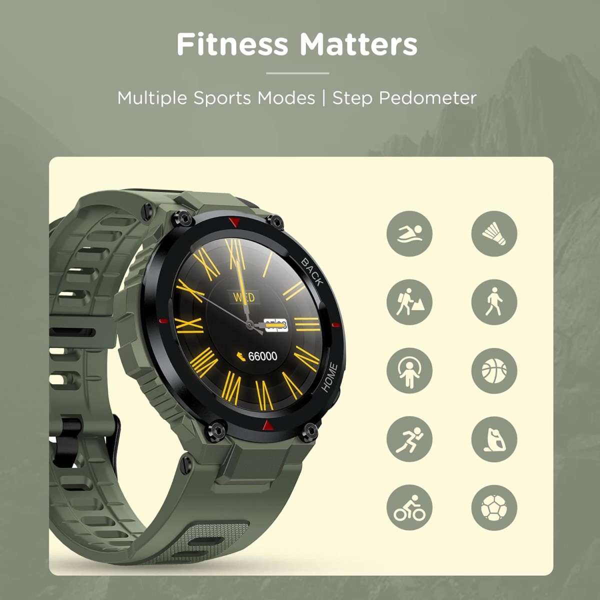 Pebble Leap Rugged Fitness Smartwatch with Bluetooth Calling, 1.3 inches HD Display, Inbuilt Oximeter, Heart Rate, Multiple Sports Modes IP68 Waterproof, 10 Days Battery Life (PFB16 Military Green)