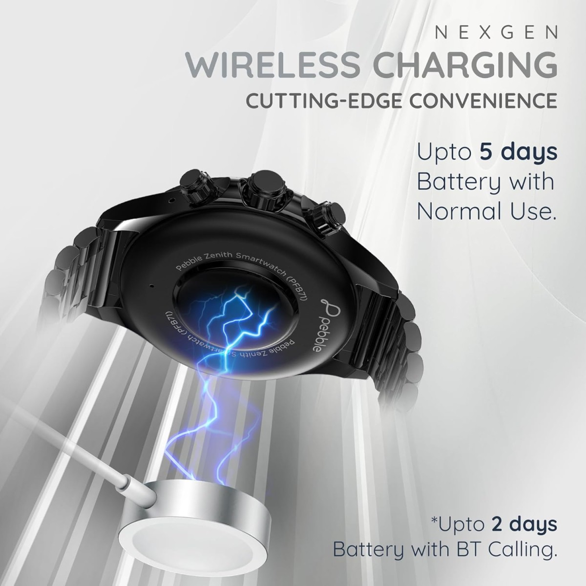 Pebble Zenith 1.53" (3.89 cm) 600 Nits HD Display, BT Calling, Wireless Charging, in-Build Compass, Metal Build