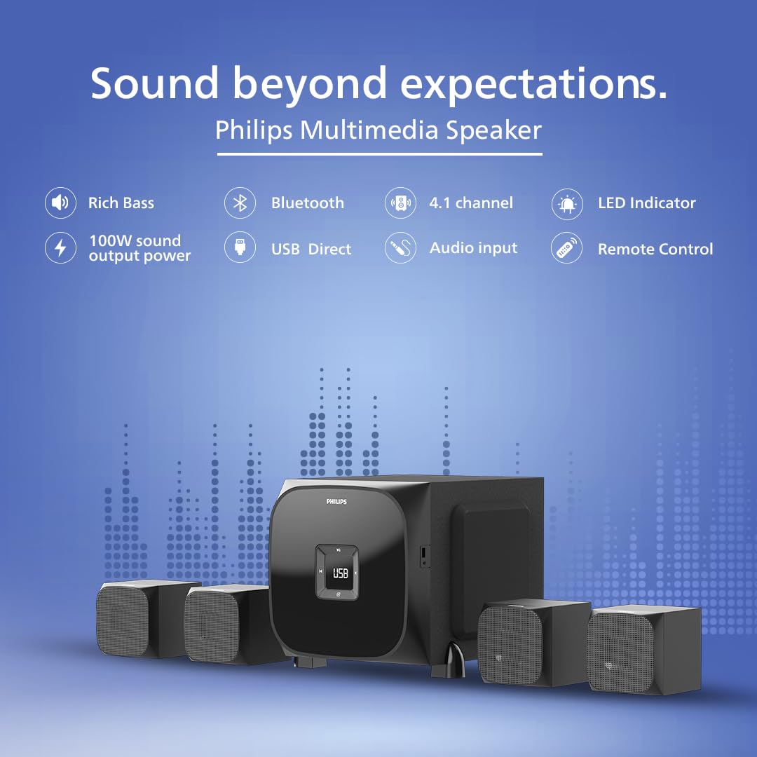 Philips Audio SPA8170B 4.1Ch 100W Bluetooth Multimedia Speaker with Rich Bass, Multi-Connectivity Option with Supporting USB, Optical, Aux-in for Easy Connection (Black) Philips Audio SPA8170B 4.1Ch 100W Bluetooth Multimedia Speaker with Rich Bass, Multi-Connectivity Option with Supporting USB, Optical, Aux-in for Easy Connection (Black)