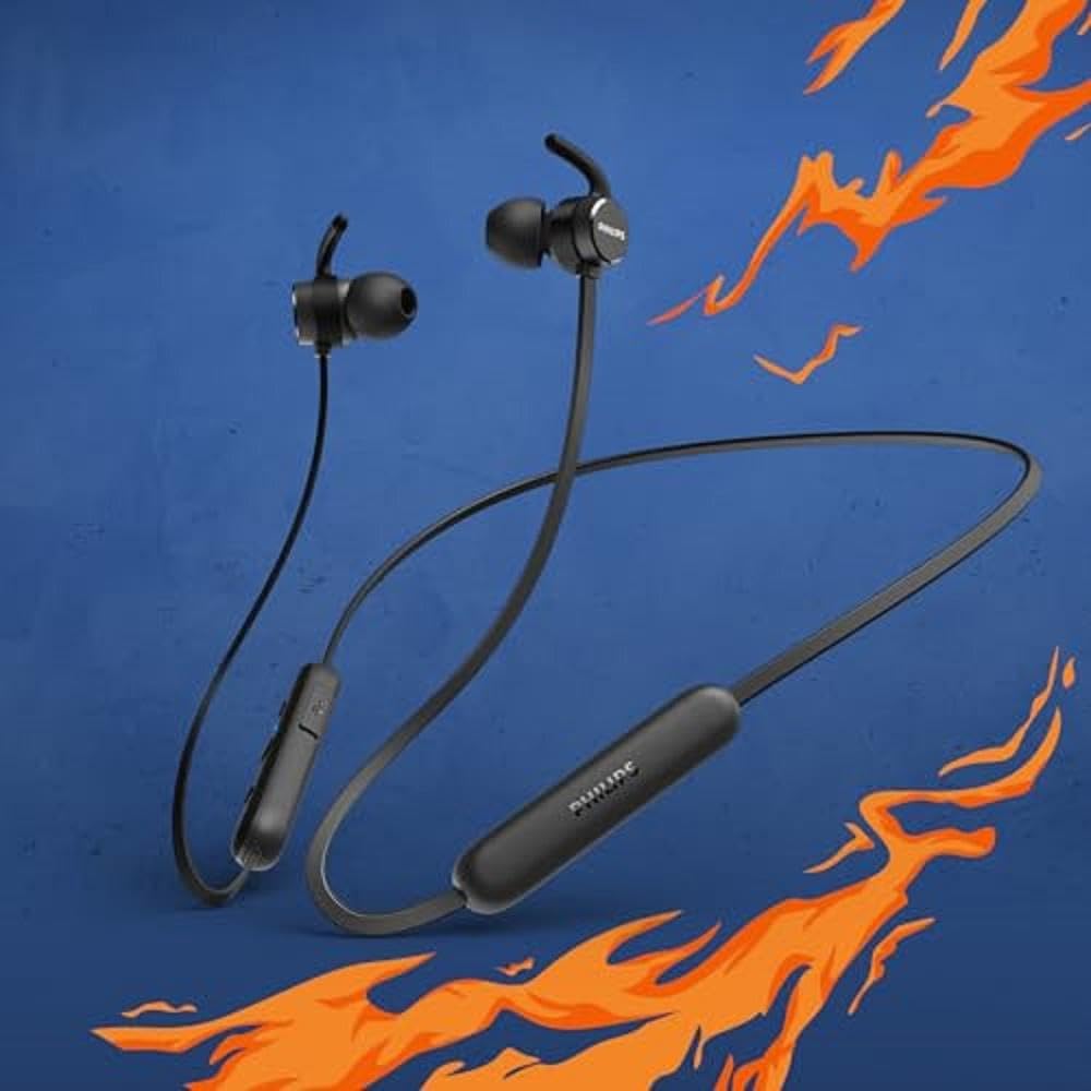 Philips Audio TAE1205 Bluetooth Wireless in Ear Earphones with IPX4, 7 Hr Playtime, Magnetic Ear Tips, Wing Tips, with Mic (Black)