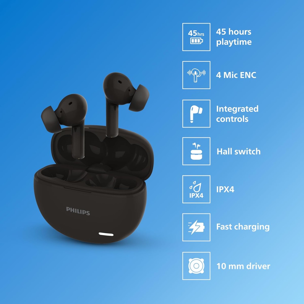 Philips Audio TAT1179BK/94 True Wireless in Ear Earbuds with Pocket Sized Charging Case, Play Time Upto 45Hrs, 10mm Dynamic Drivers, Inbuilt Mic, IPX4 Splash & Sweat Resistant (Black) Philips Audio TAT1179BK/94 True Wireless in Ear Earbuds with Pocket Sized Charging Case, Play Time Upto 45Hrs, 10mm Dynamic Drivers, Inbuilt Mic, IPX4 Splash & Sweat Resistant (Black)
