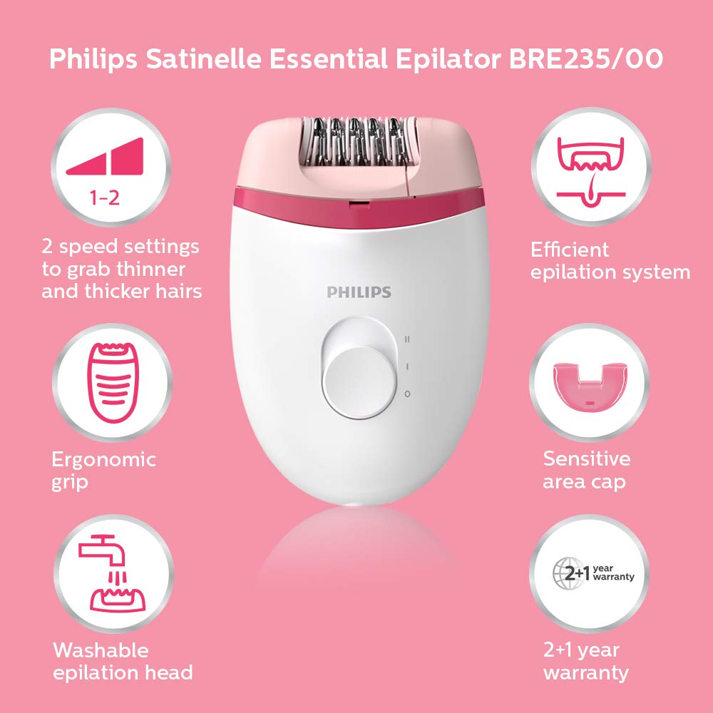 Philips BRE235/00 Corded Compact Epilator (White and Pink) for gentle hair removal at home