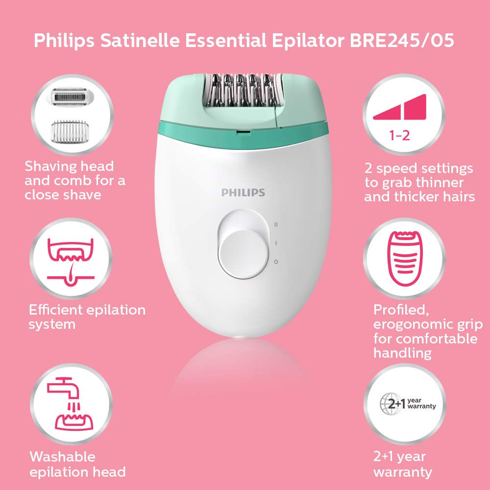 Philips BRE245/00 Corded Compact Epilator (2 in 1 - shaver and epilator) for gentle hair removal at home