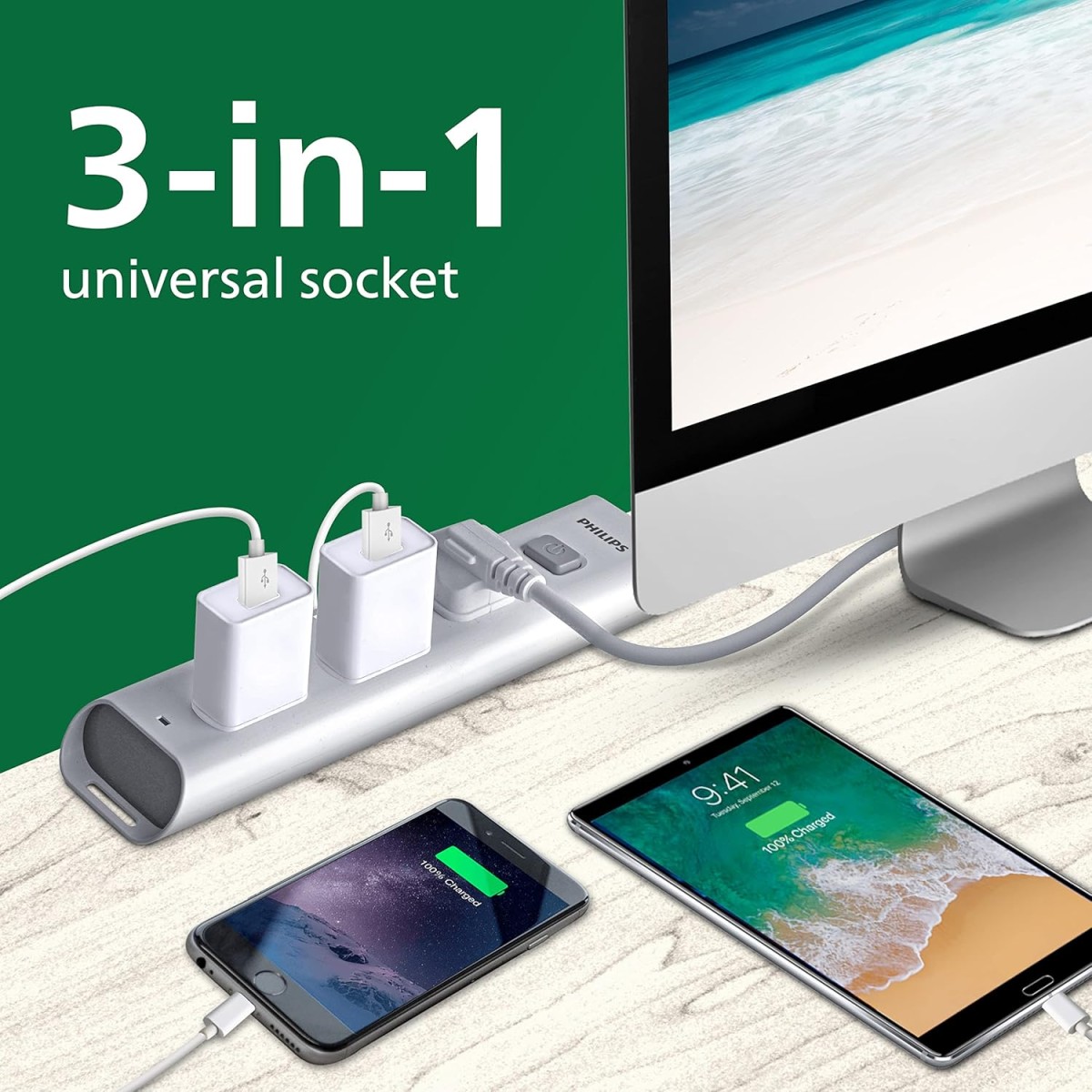 Philips CHP2432W Power Strips with 3 Universal Socket, One Main Switch, with Over Current Protection 1.4m Cable Length (White)