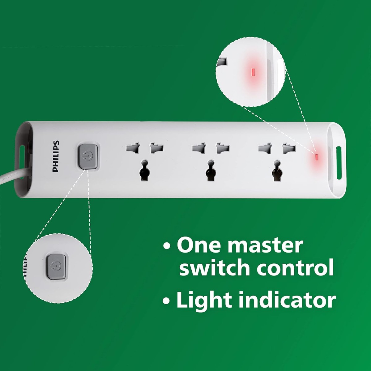 Philips CHP2432W Power Strips with 3 Universal Socket, One Main Switch, with Over Current Protection 1.4m Cable Length (White)