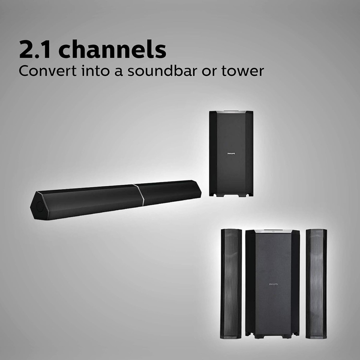 Philips Convertible Soundbar MMS8085B, 2.1 Channel with Multipoint-Connectivity Option, USB in, Bluetooth Connectivity 80 Watt, Superior Sound, Rich bass (Black)