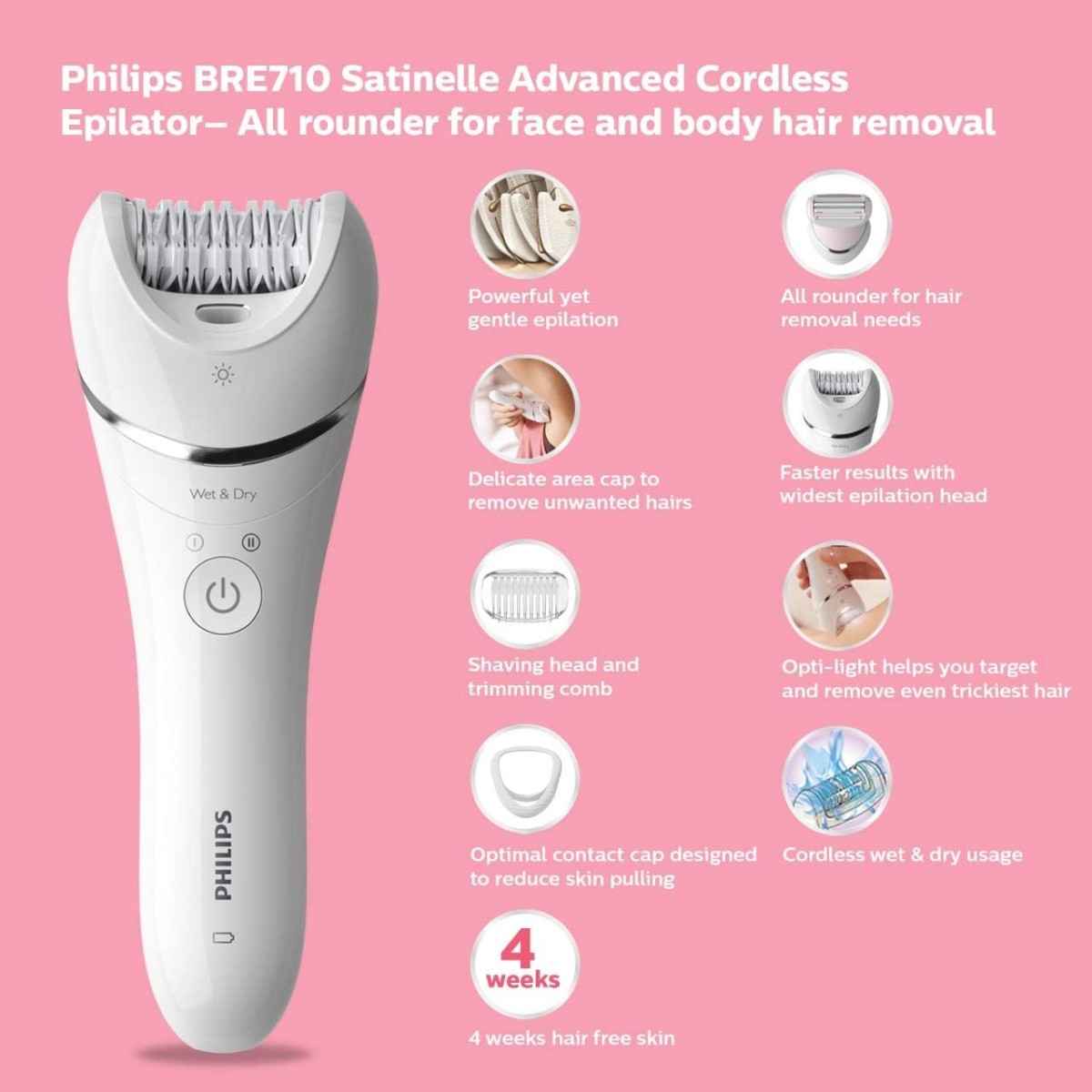 Philips Cordless Epilator– All-Rounder for Face and Body Hair Removal (White)
