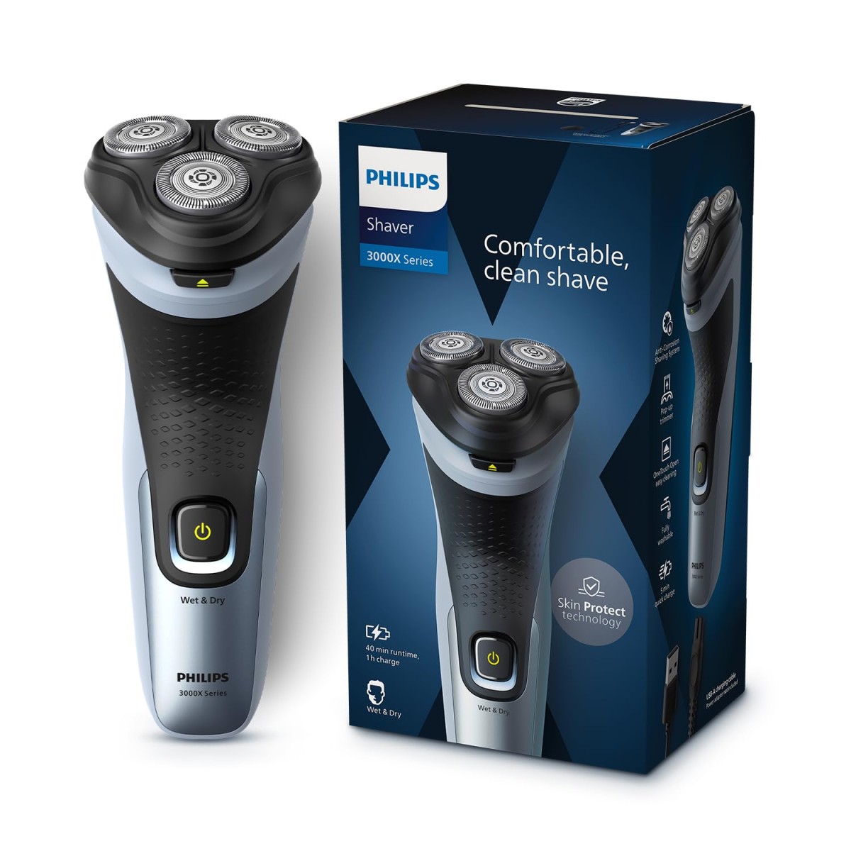Philips Electric Shaver For Men, Skinprotect Technology, Wet And Dry Shave, 3D Floating Heads, 27 Self Sharpening Blades, Pop-Up Trimmer, Cordless, Waterproof X3063/03 (New Model), Blue Philips Electric Shaver For Men, Skinprotect Technology, Wet And Dry Shave, 3D Floating Heads, 27 Self Sharpening Blades, Pop-Up Trimmer, Cordless, Waterproof X3063/03 (New Model), Blue