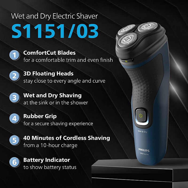 Philips Electric Shaver for Men, Wet and Dry Shave, 3D Floating Heads, 27 Self Sharpening Blades, Cordless, Waterproof S1151/03 (New Model)