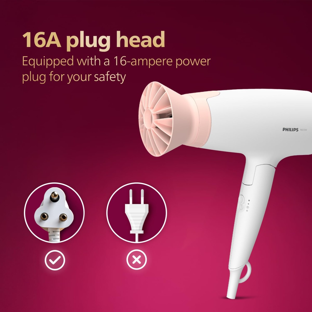 Philips Foldable Hair Dryer 1600 Watts| Powerful Salon-like Blow Drying with Less Heat | 3 Heat Settings with Cool Shot (Hot/Cool/Warm) | ThermoProtect Airflower Attachment- Pink | BHD308/30 - White Philips Foldable Hair Dryer 1600 Watts| Powerful Salon-like Blow Drying with Less Heat | 3 Heat Settings with Cool Shot (Hot/Cool/Warm) | ThermoProtect Airflower Attachment- Pink | BHD308/30 - White
