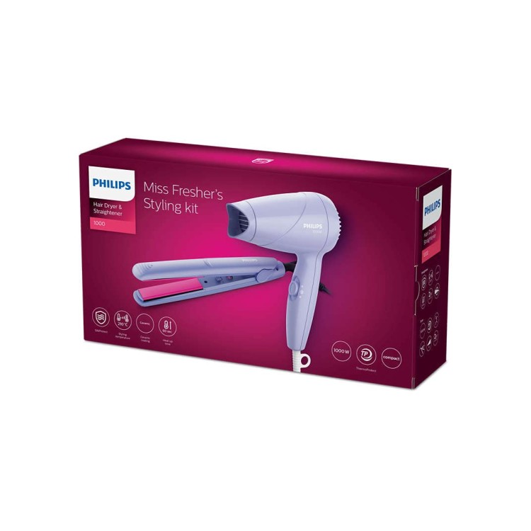 Philips HP8643/56 1000 Watts Hair Dryer and Straightener Combo, Miss Fresher's Styling Kit, Purple