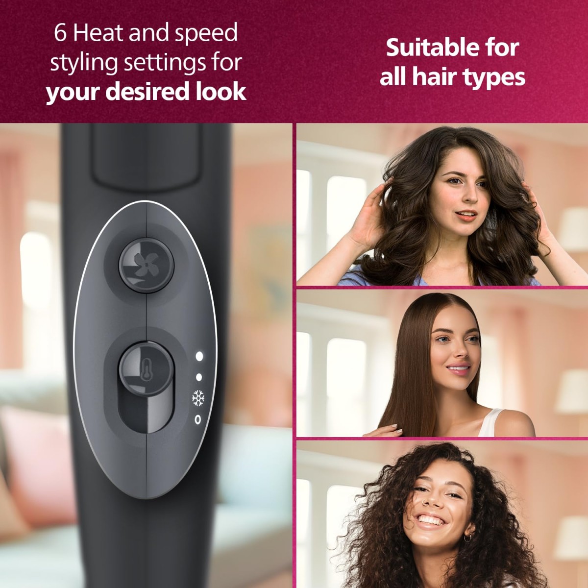 Philips Hair Dryer - Powerful drying with less heat I 6 Styling options for Salon like blowdryI 2100 WattsI for Minimised DamageI Styling attachment| Men and WomenI 2 Year Warranty BHD356/10, Black