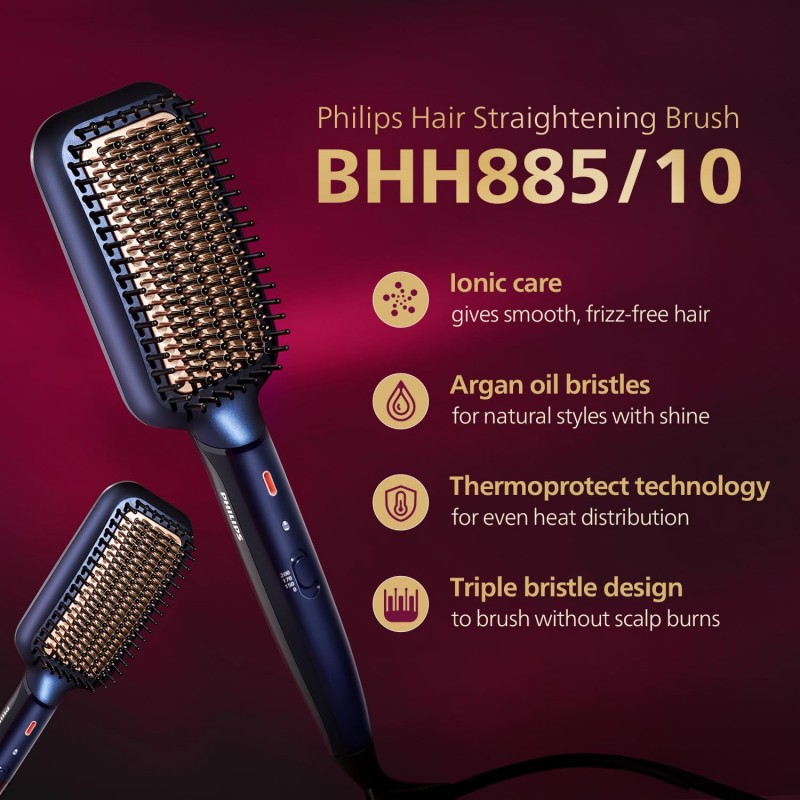 Philips Hair Straightener Brush- Advanced Ionic Care for 5X Better Frizz Free Hair in 5min I Style with 2X More Volume |Stunning Shine I No Scalp Burns | ThermoProtect Technology I Argan Oil Bristles I 3 Temp Settings | BHH885/10