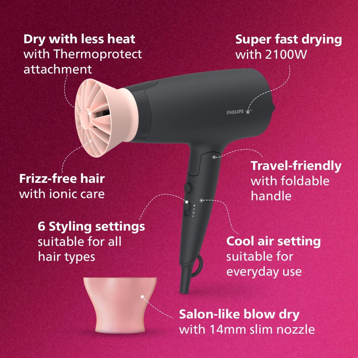 Philips India's No.1 Hair Styling Brand - Foldable Hair Dryer 2100W, 6 HeatxSpeed Settings Cool Shot Advanced Ionic Care Frizz-Free Shine, ThermoProtect Airflower Attachment, For Indian Hair, BHD356 Philips India's No.1 Hair Styling Brand - Foldable Hair Dryer 2100W, 6 HeatxSpeed Settings Cool Shot Advanced Ionic Care Frizz-Free Shine, ThermoProtect Airflower Attachment, For Indian Hair, BHD356