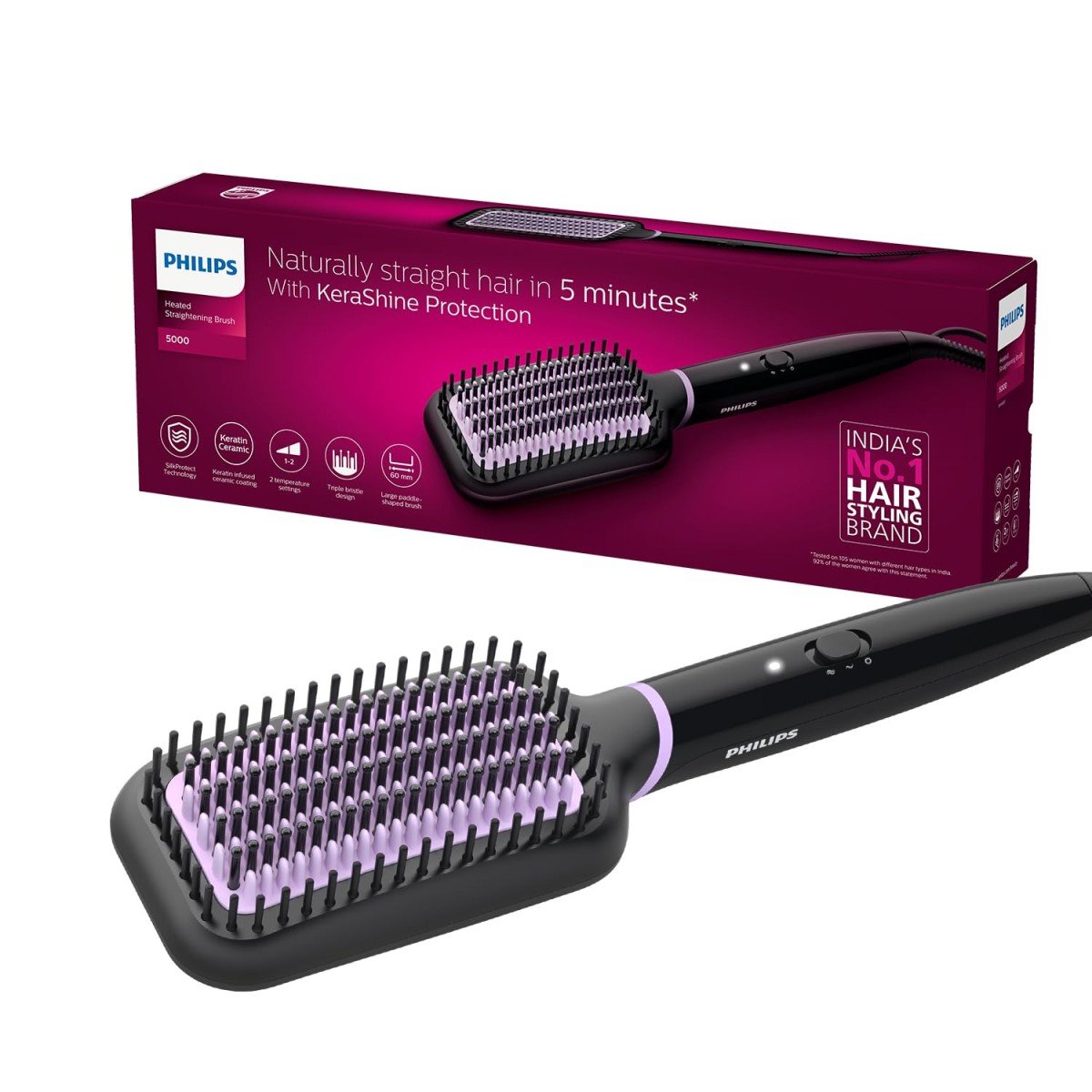 Philips India's No.1 Hair Styling Brand -Hair Straightener Brush, Naturally Straight in 5 Mins,5X Less Frizz,SilkProtect Keratin Tech,Triple Bristle Fast 50s Heatup,Scalp Protect,For Indian Hair,BHH880 Philips India's No.1 Hair Styling Brand -Hair Straightener Brush, Naturally Straight in 5 Mins,5X Less Frizz,SilkProtect Keratin Tech,Triple Bristle Fast 50s Heatup,Scalp Protect,For Indian Hair,BHH880