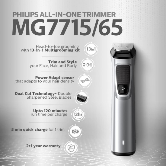 Philips Multi Grooming Kit MG7715/65, 13-in-1 (New Model), Face, Head and Body - All-in-one Trimmer