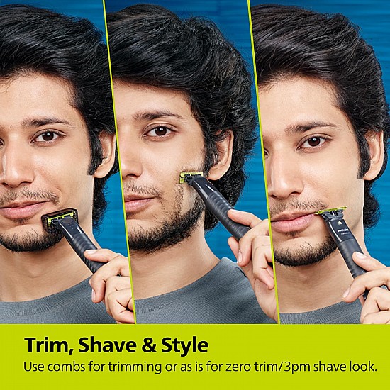 Philips One Blade Face Hybrid Trimmer & Shave | No Skin Irritation as Blade Never Touches Skin | Designed for GenZ | 2-year Warranty I Includes - 1 Blades & 2 Trim combs QP1424/10