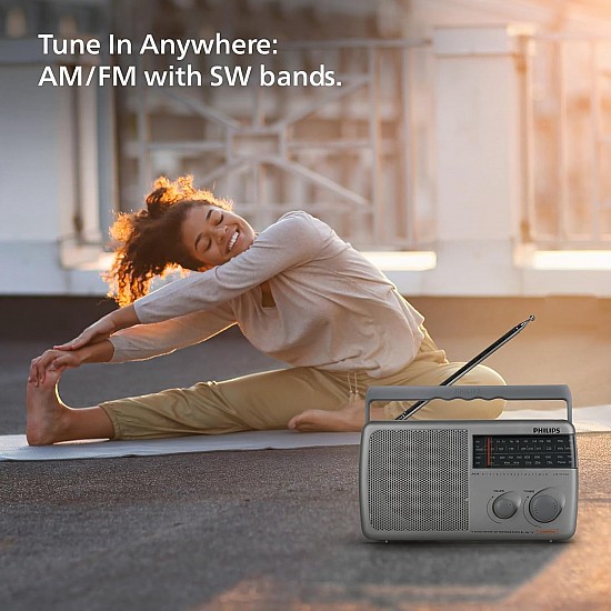 Philips Radio RL384/94 with MW/FM/SW, 500mW +1 dB RMS Sound Output, 3xR20 (4.5V DC) Battery, 4.5V External DC Socket, Without Battery/Adaptor (Grey)