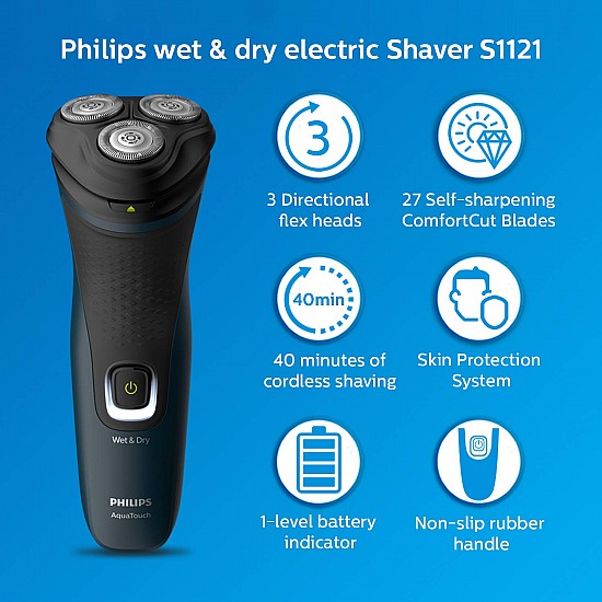 Philips S1121/45 Cordless Electric Shaver 1000, 3D Pivot & Flex Heads, 27 Comfort Cut Blades