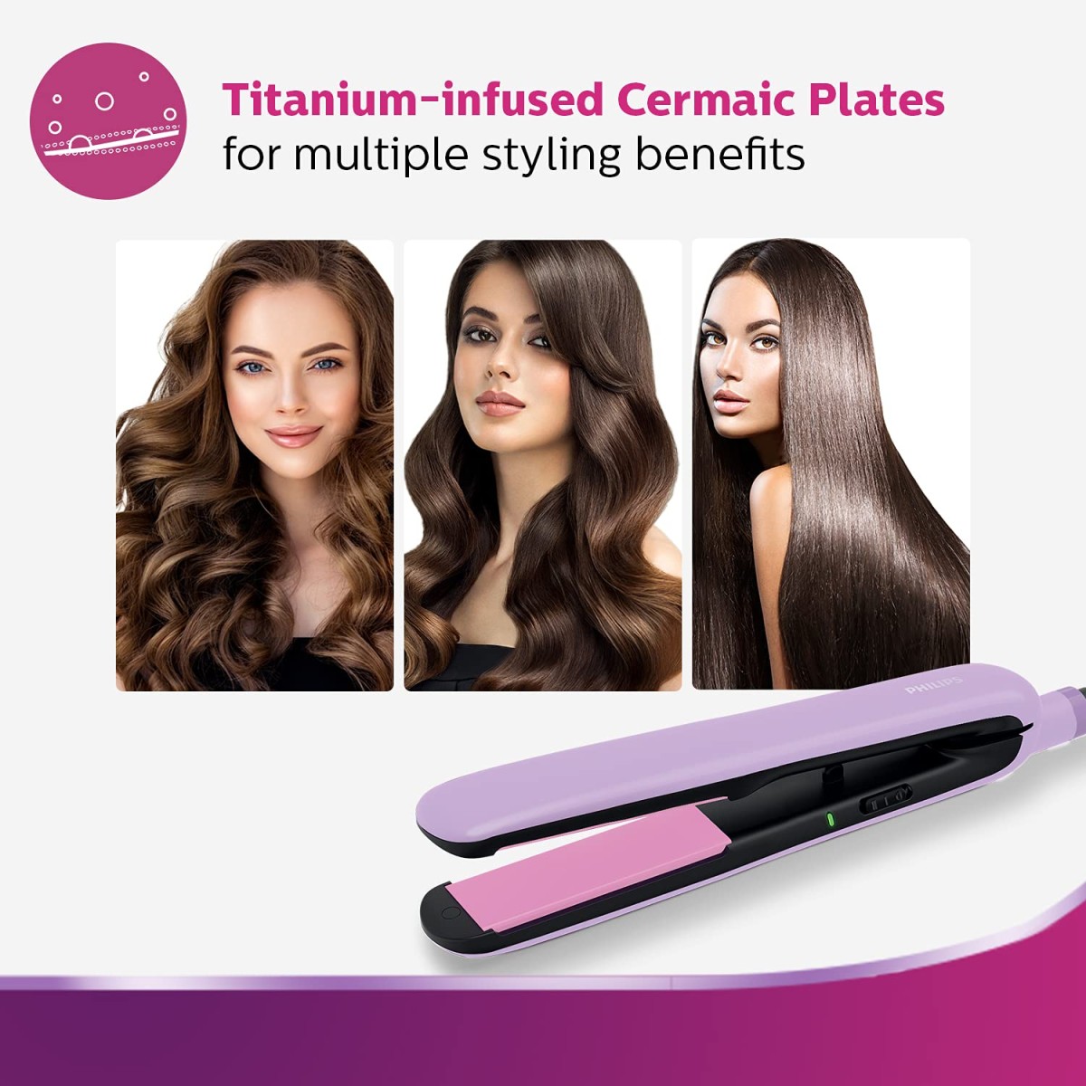 Philips Straightener with SilkProtect Technology. Straighten & Curl, Suitable for All Hair Types (Lavender)-BHS393/40 Philips Straightener with SilkProtect Technology. Straighten & Curl, Suitable for All Hair Types (Lavender)-BHS393/40