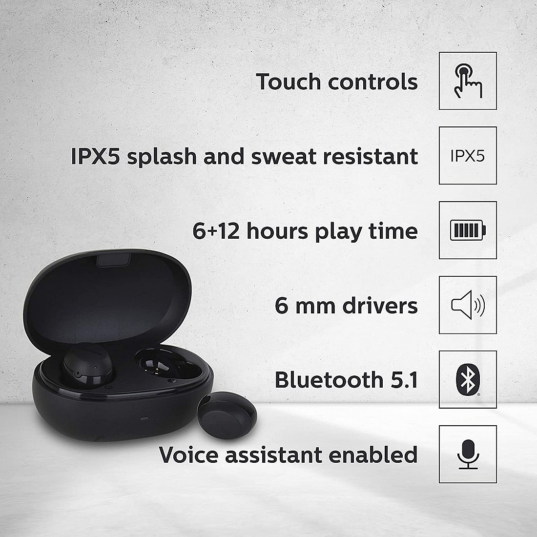 Philips Tat1235bk Bluetooth Truly Wireless In Ear Earbuds With Mic Black