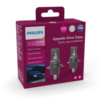 Philips Ultinon Access LED car headlight bulb (H4/H19), ultra-compact direct-fit, 80%, 6000K, set of 2