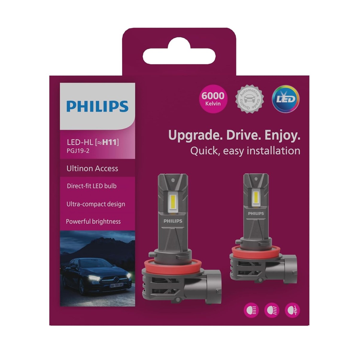 Philips Ultinon Access LED car headlight bulb (H8/H9/H16-Fog), ultra-compact direct-fit, 80%, 6000K, set of 2