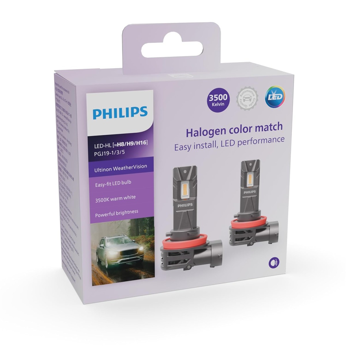 Philips WeatherVision LED car headlight bulb (H4/H19), ultra-compact direct-fit, Halogen color match, easy install, LED performance, 3500K, set of 2